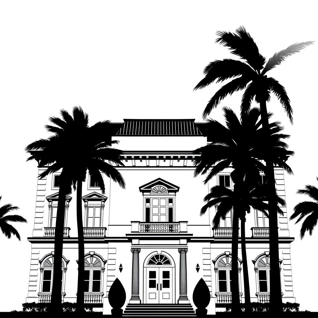 Pure black and white silhouette of an elegant building with tall palm trees in front