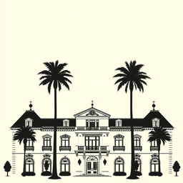 Pure black and white silhouette of an elegant building with tall palm trees in front