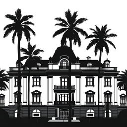 Pure black and white silhouette of an elegant building with tall palm trees in front