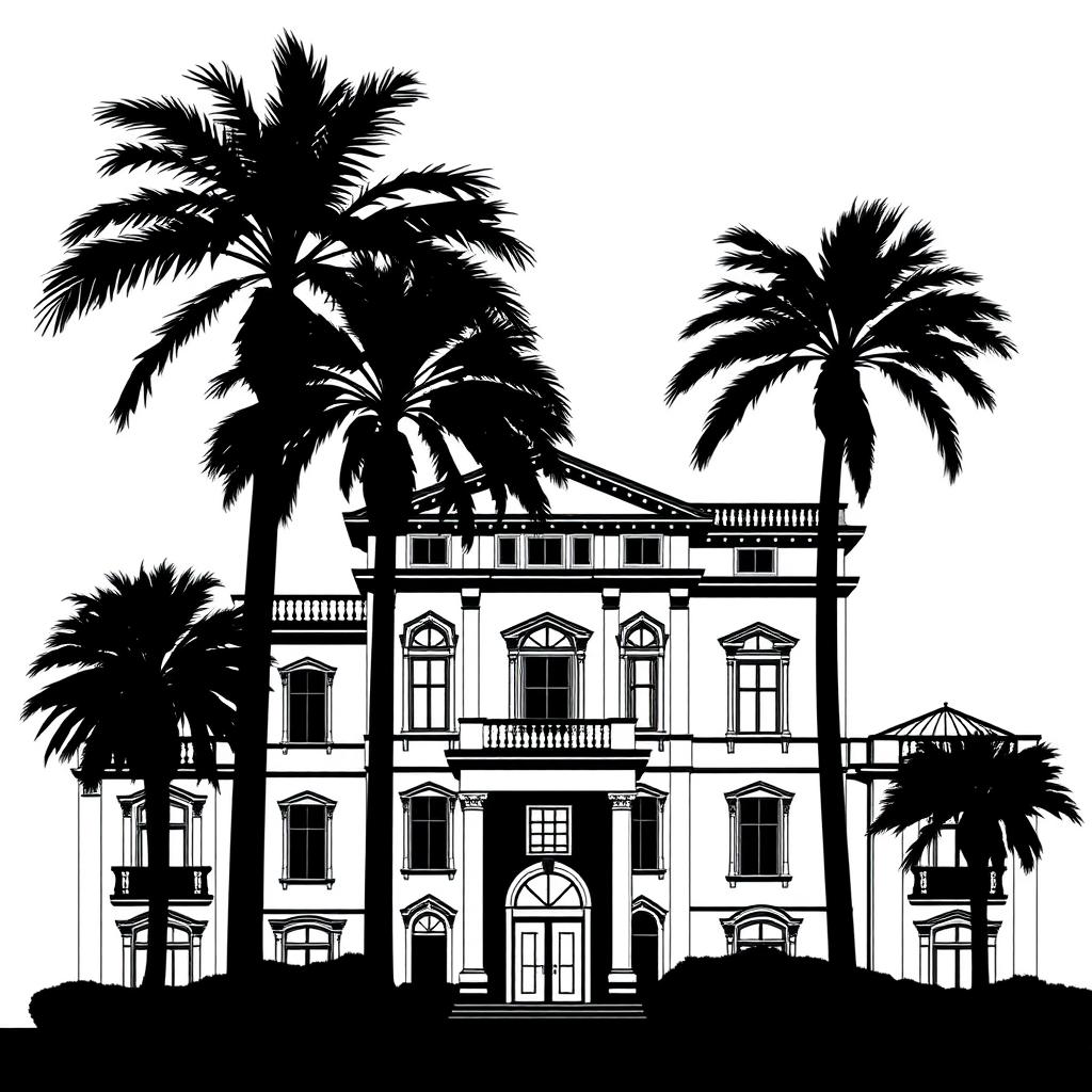 Pure black and white silhouette of an elegant building with tall palm trees in front