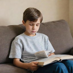 A young boy peacefully sitting on a cozy couch, engrossed in reading a book