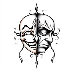 A striking design of two halves of a mask, with one side portraying a joyful and happy expression, characterized by bright, uplifting details such as a wide smile and sparkling eyes