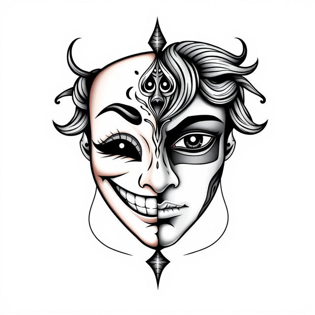 A striking design of two halves of a mask, with one side portraying a joyful and happy expression, characterized by bright, uplifting details such as a wide smile and sparkling eyes