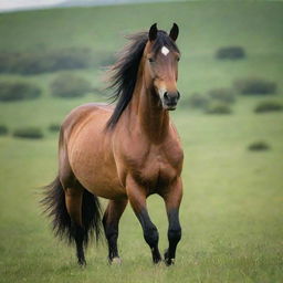 A magnificent horse standing majestically in a lush green field, the wind gently tossing its mane.