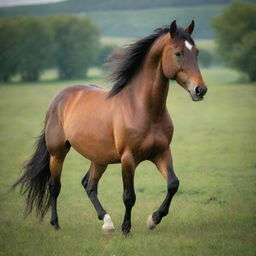 A magnificent horse standing majestically in a lush green field, the wind gently tossing its mane.