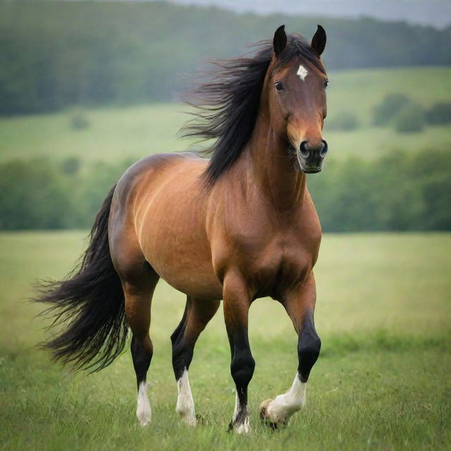 A magnificent horse standing majestically in a lush green field, the wind gently tossing its mane.