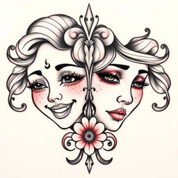 A tattoo design featuring two halves of a feminine mask, artistically divided with one side exhibiting a joyous and vibrant expression, adorned with bright eyes and a radiant smile