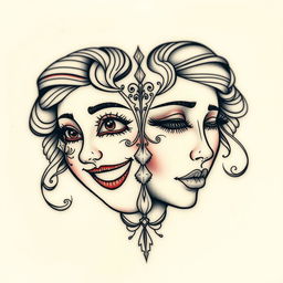 A tattoo design featuring two halves of a feminine mask, artistically divided with one side exhibiting a joyous and vibrant expression, adorned with bright eyes and a radiant smile