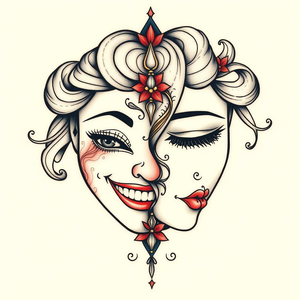 A tattoo design featuring two halves of a feminine mask, artistically divided with one side exhibiting a joyous and vibrant expression, adorned with bright eyes and a radiant smile