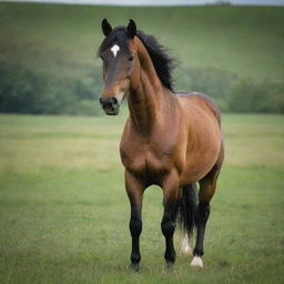 A magnificent horse standing majestically in a lush green field, the wind gently tossing its mane.