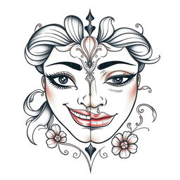 A tattoo design featuring two halves of a feminine mask, artistically divided with one side exhibiting a joyous and vibrant expression, adorned with bright eyes and a radiant smile