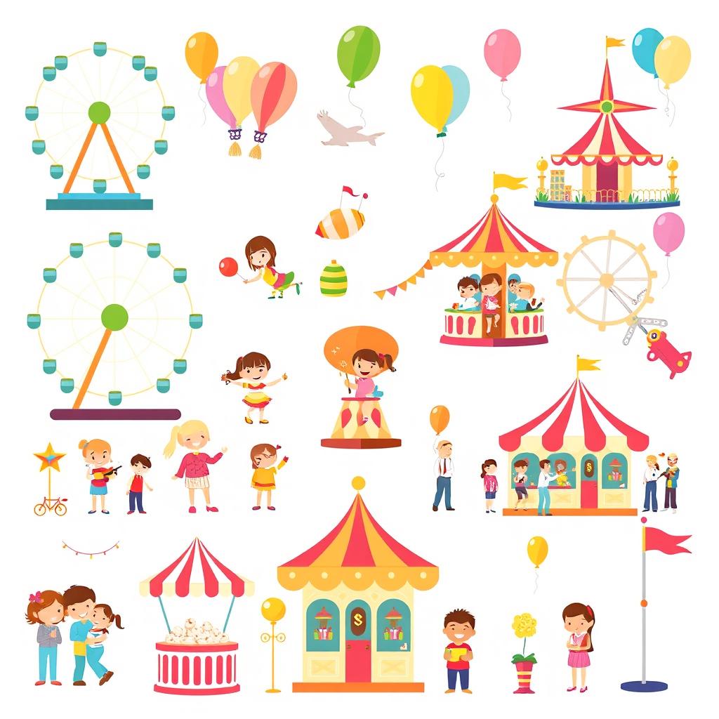 A collection of colorful and playful clipart featuring various theme park elements, including iconic rides like ferris wheels, roller coasters, and carousels