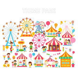 A collection of colorful and playful clipart featuring various theme park elements, including iconic rides like ferris wheels, roller coasters, and carousels