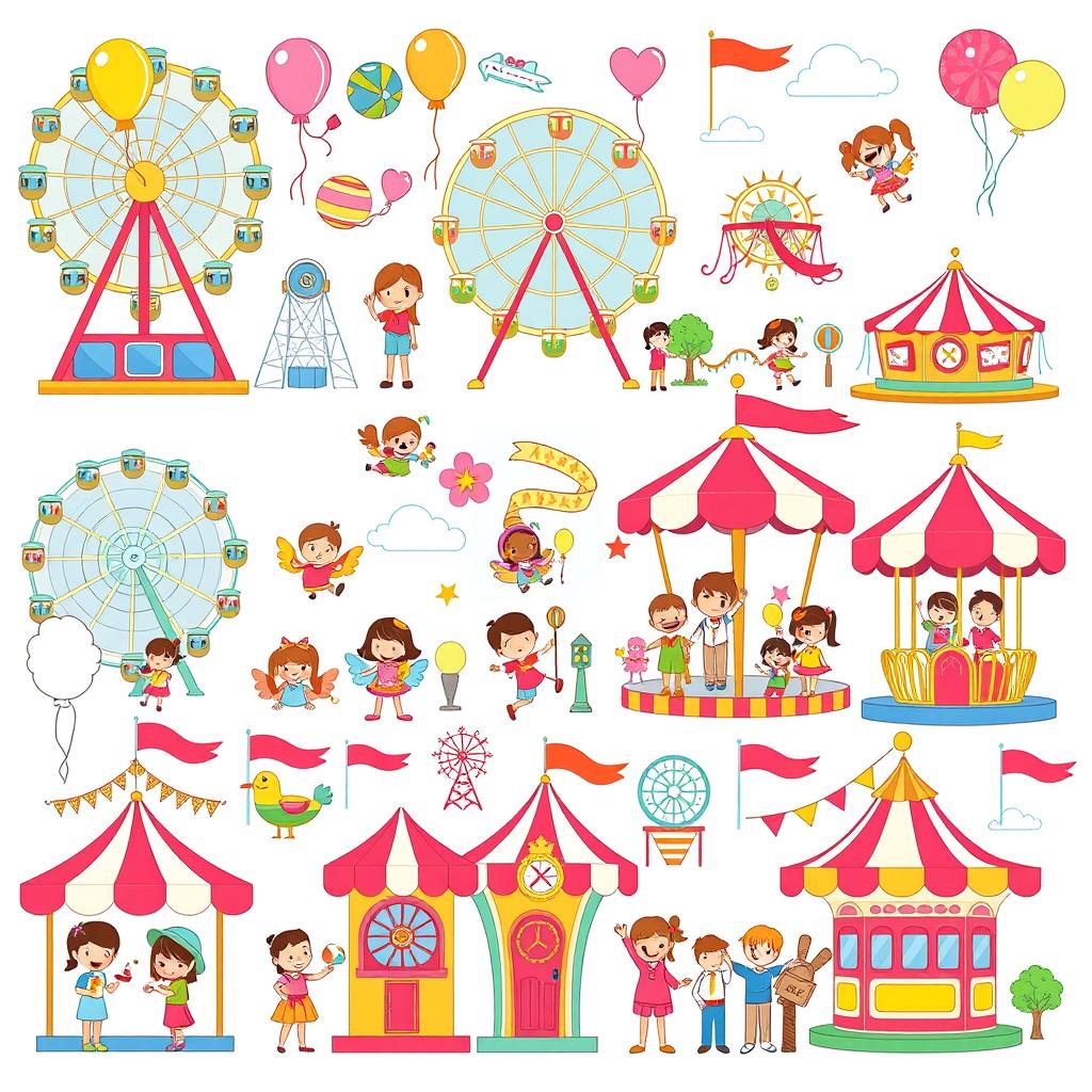 A collection of colorful and playful clipart featuring various theme park elements, including iconic rides like ferris wheels, roller coasters, and carousels