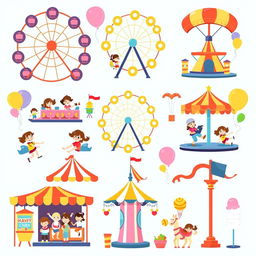 A collection of colorful and playful clipart featuring various theme park elements, including iconic rides like ferris wheels, roller coasters, and carousels