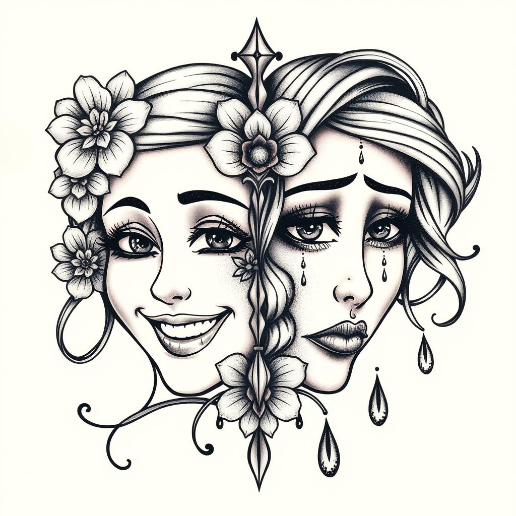 An artistic tattoo design featuring two halves of a feminine mask, with one side radiating happiness, showcasing bright eyes and a wide, joyful smile adorned with floral elements