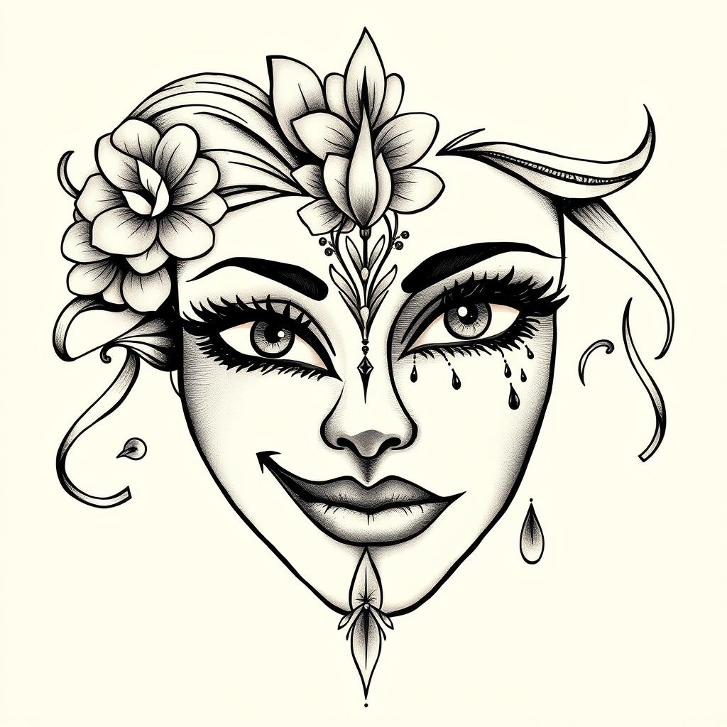 An artistic tattoo design featuring two halves of a feminine mask, with one side radiating happiness, showcasing bright eyes and a wide, joyful smile adorned with floral elements