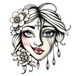 An artistic tattoo design featuring two halves of a feminine mask, with one side radiating happiness, showcasing bright eyes and a wide, joyful smile adorned with floral elements