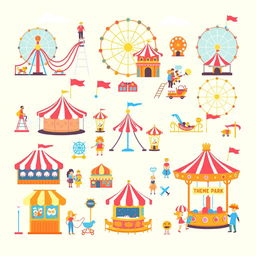 A collection of high-quality vector illustrations depicting various elements of theme parks