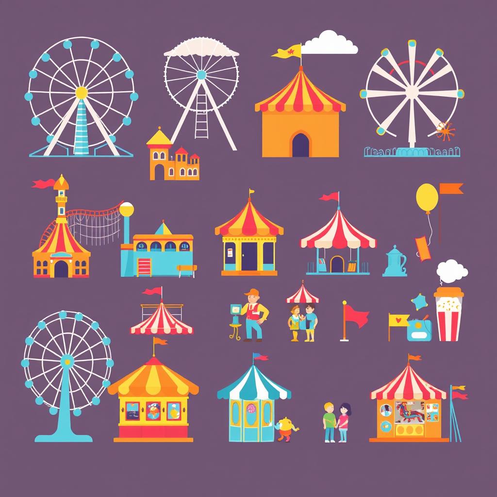 A collection of high-quality vector illustrations depicting various elements of theme parks