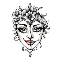 A striking tattoo design featuring two halves of a feminine mask, each side representing different emotions