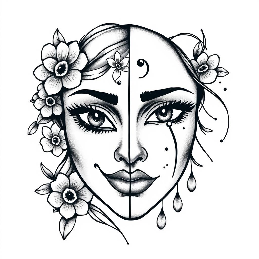 A striking tattoo design featuring two halves of a feminine mask, each side representing different emotions