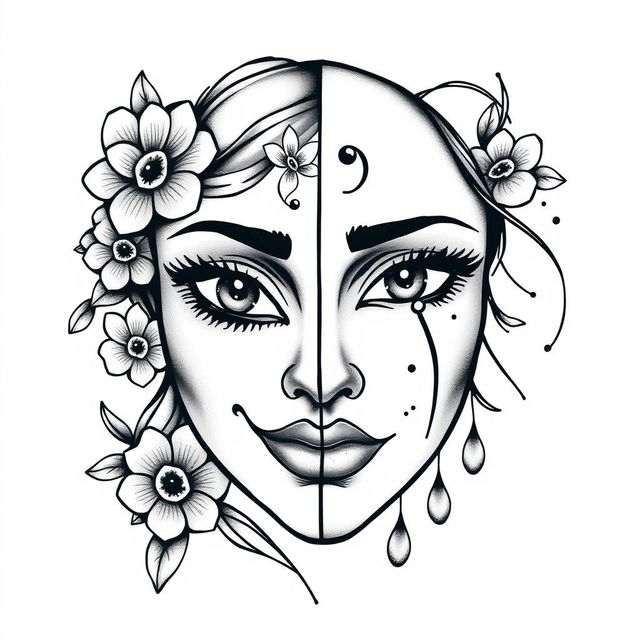 A striking tattoo design featuring two halves of a feminine mask, each side representing different emotions