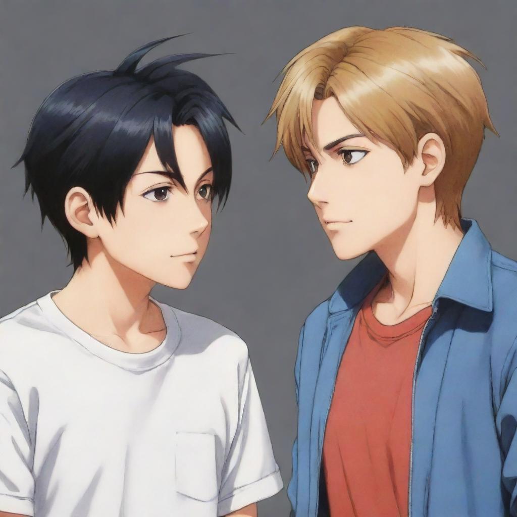 Two unique anime characters in casual attire, evident with their noticeable features and distinct style, engaged in a passionate discussion about their favorite anime series.