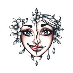 A striking tattoo design featuring two halves of a feminine mask, each side representing different emotions