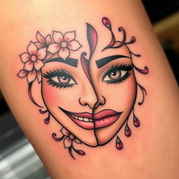 A striking tattoo design featuring two halves of a feminine mask, each side representing different emotions