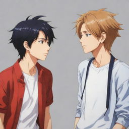 Two unique anime characters in casual attire, evident with their noticeable features and distinct style, engaged in a passionate discussion about their favorite anime series.