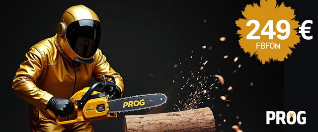 A striking advertisement image featuring a person wearing a glossy gold and black protective suit, confidently operating a matching gold and black chainsaw labeled 'PROG'