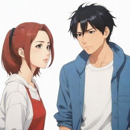 Two unique anime characters in casual attire, evident with their noticeable features and distinct style, engaged in a passionate discussion about their favorite anime series.