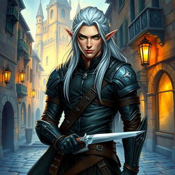 An enchanting illustration of a high elf male rogue from Dungeons and Dragons, depicting a tall and slender figure with sharp facial features