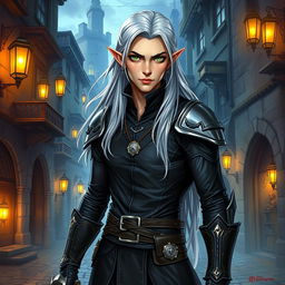 An enchanting illustration of a high elf male rogue from Dungeons and Dragons, depicting a tall and slender figure with sharp facial features