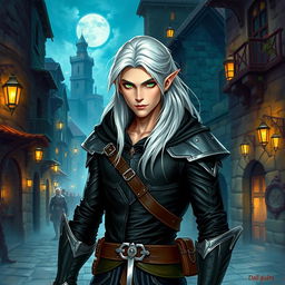 An enchanting illustration of a high elf male rogue from Dungeons and Dragons, depicting a tall and slender figure with sharp facial features