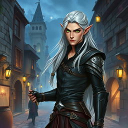 An enchanting illustration of a high elf male rogue from Dungeons and Dragons, depicting a tall and slender figure with sharp facial features