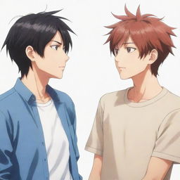 Two unique anime characters in casual attire, evident with their noticeable features and distinct style, engaged in a passionate discussion about their favorite anime series.