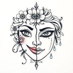 An elaborate tattoo design featuring two halves of a feminine mask, each side representing distinct emotions