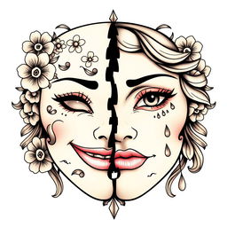 An elaborate tattoo design featuring two halves of a feminine mask, each side representing distinct emotions