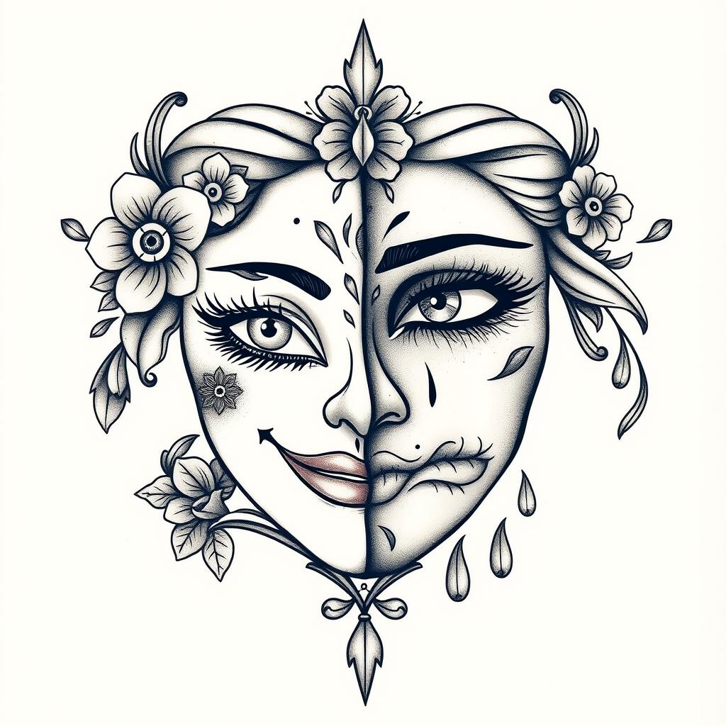 An elaborate tattoo design featuring two halves of a feminine mask, each side representing distinct emotions