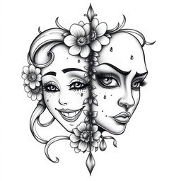 An elaborate tattoo design featuring two halves of a feminine mask, each side representing distinct emotions