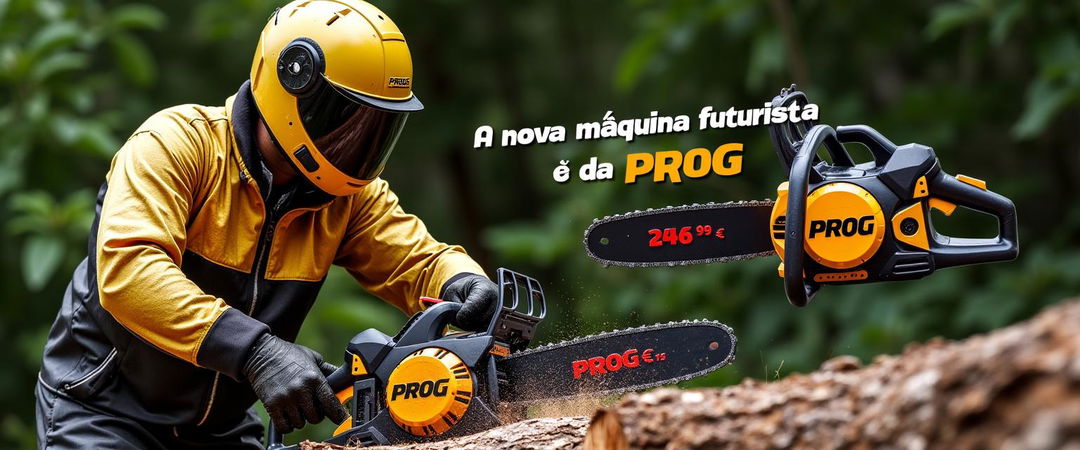 A vibrant advertisement image showing a person in a shiny gold and black protective suit, complete with a matching helmet, operating a striking gold and black chainsaw labeled 'PROG'