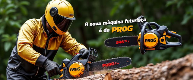 A vibrant advertisement image showing a person in a shiny gold and black protective suit, complete with a matching helmet, operating a striking gold and black chainsaw labeled 'PROG'