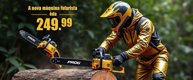 An eye-catching advertisement image displaying a person clad in a shiny gold and black protective suit, complete with a matching helmet, actively cutting through a log with a striking gold and black chainsaw marked 'PROG'