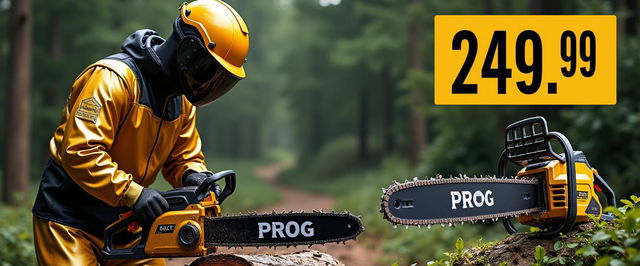 An attention-grabbing advertisement image showcasing a person dressed in a shiny gold and black protective suit with a safety helmet featuring a visor, actively engaging in cutting a log with a striking gold and black chainsaw labeled 'PROG'