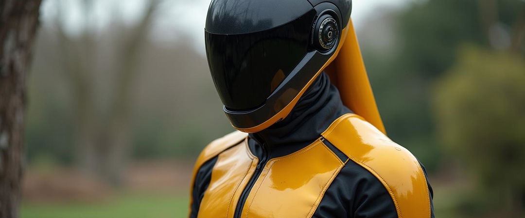 A futuristic individual protective suit designed for gardeners, featuring a sleek design in striking gold and black colors