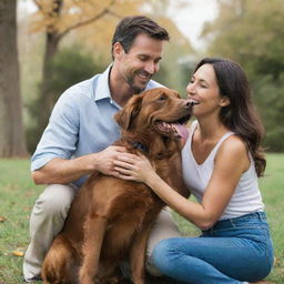 A happy scene of a man and a woman sharing a moment with their lovable brown dog.