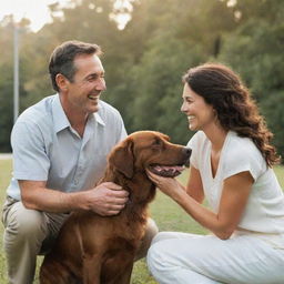 A happy scene of a man and a woman sharing a moment with their lovable brown dog.