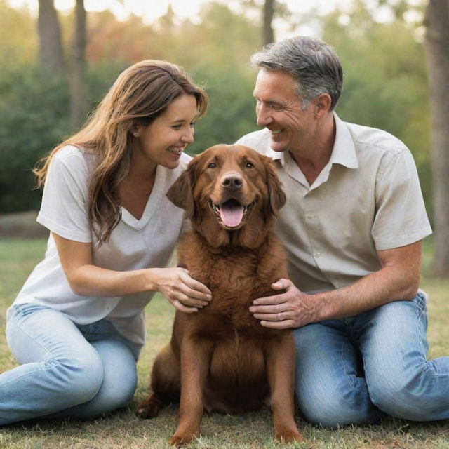 A happy scene of a man and a woman sharing a moment with their lovable brown dog.